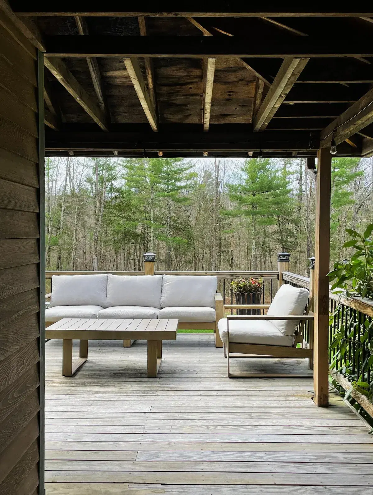 The covered porch looking over the deck to the woods in early spring