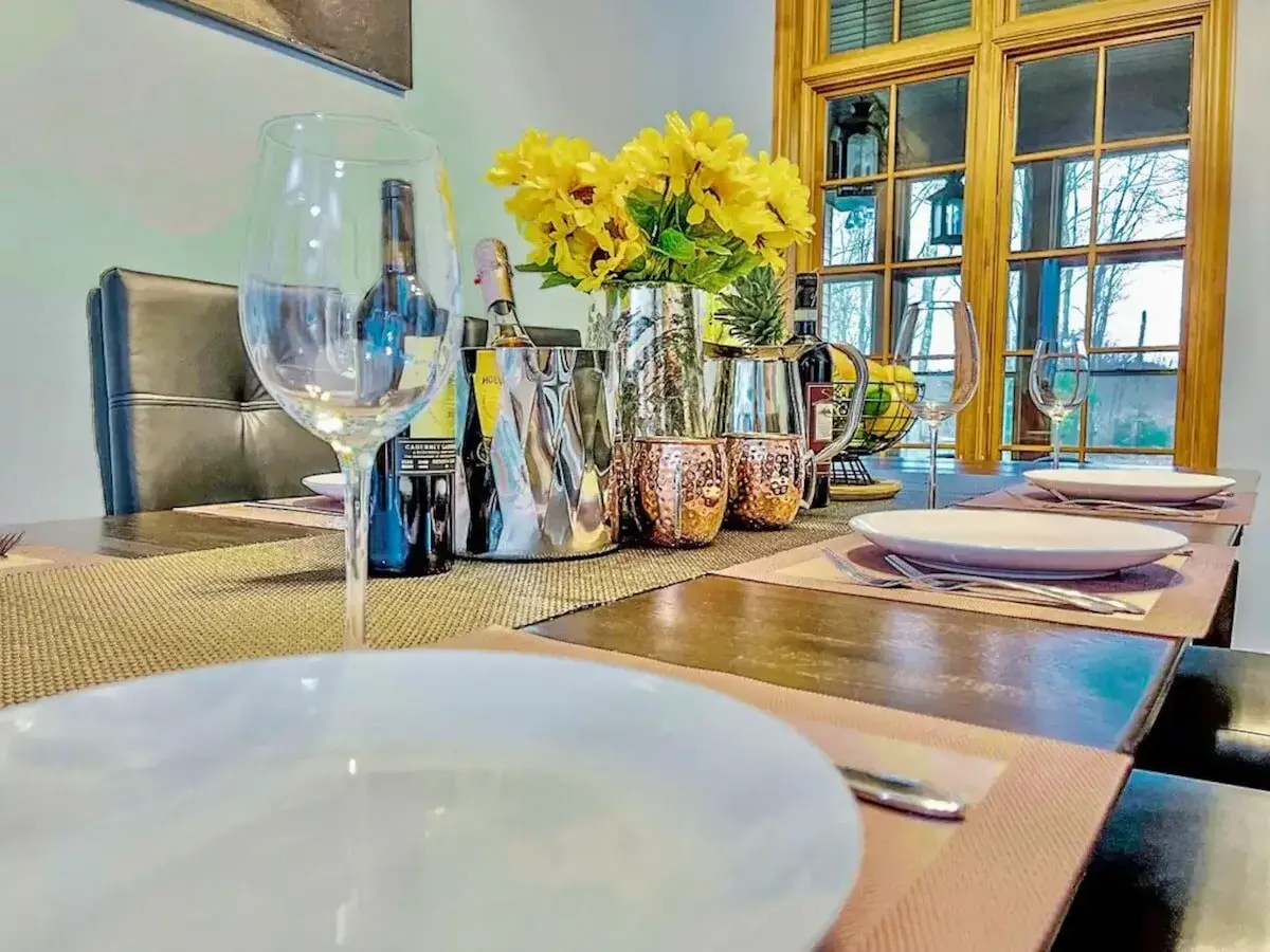 The dining table set for a meal