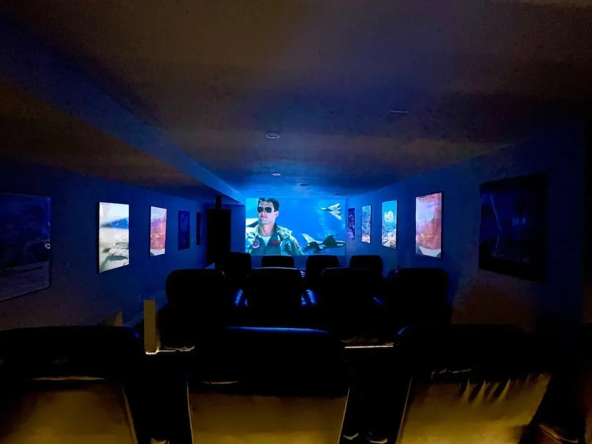 The theater screen from the back row