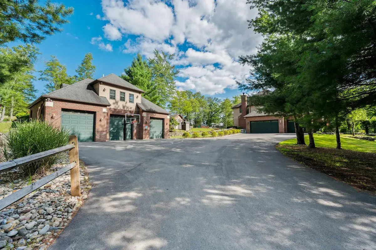 The driveway up to the garages